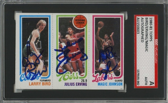 1980-81 Topps Larry Bird, Julius Erving and Magic Johnson Rookie Card – Signed by All Three Hall of Famers! – SGC Authentic